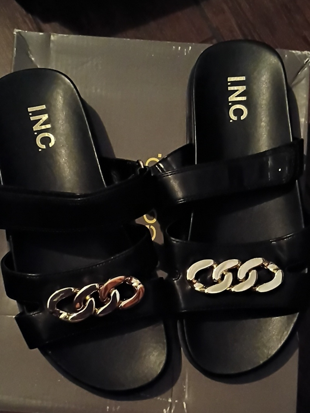 INC International Concepts Black Slide Sandals with Gold Chain Accent